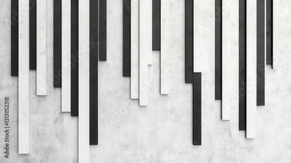 Fototapeta Abstract interplay of vertical black and white wooden strips against a textured concrete background showcasing modern design elements