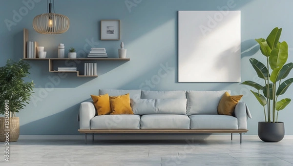 Fototapeta Cozy Modern Living Room with Blue Accents