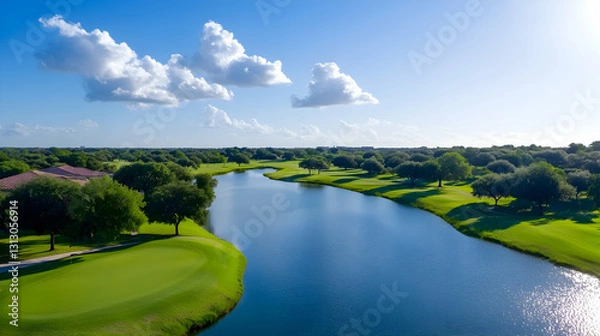 Fototapeta Aerial View of a Lush Green Golf Course with a Winding Waterway