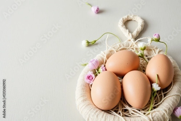 Fototapeta A Close-Up of Four Light Brown Eggs Nestled in a Cozy, Natural Basket Surrounded by Delicate Flowers and Straw on a Soft Gray Background