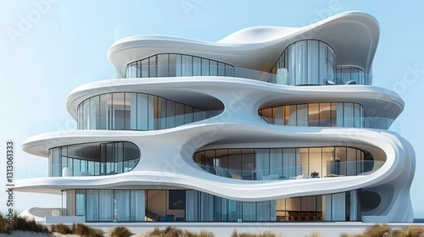 Fototapeta A modern, fluid architectural design featuring organic shapes and extensive glass elements.