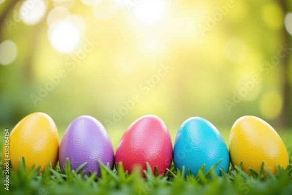 Fototapeta A Colorful Collection of Easter Eggs in a Sunlit Green Garden Scene, Perfectly Arranged for a Festive Spring Celebration