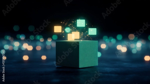 Fototapeta Illuminating Insights: A glowing box levitates amidst a sea of ethereal lights, releasing glowing digital cubes, symbolizing innovation and the unveiling of secrets.