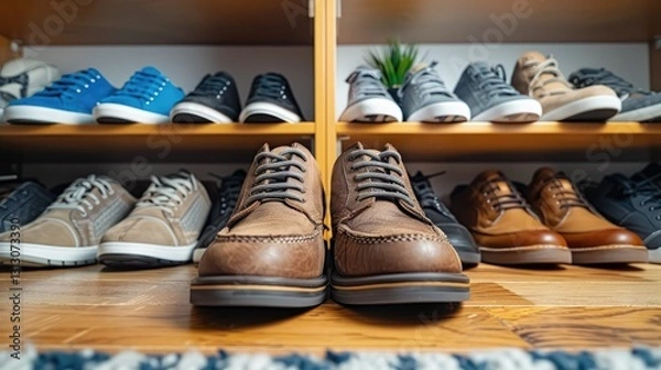 Fototapeta A neatly arranged shoe display featuring various styles and colors on wooden shelves.