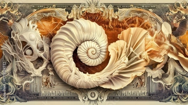 Fototapeta Detailed illustration featuring a nautilus shell and abstract sculptural elements