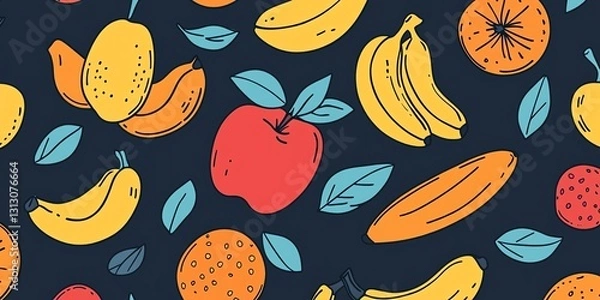 Fototapeta Colorful Fruit Pattern Featuring Bananas, Apples, and Oranges on a Dark Background
