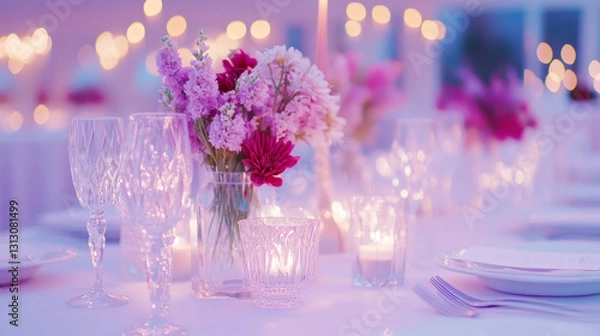 Obraz Elegant evening table setting with pink flowers and crystal glasses