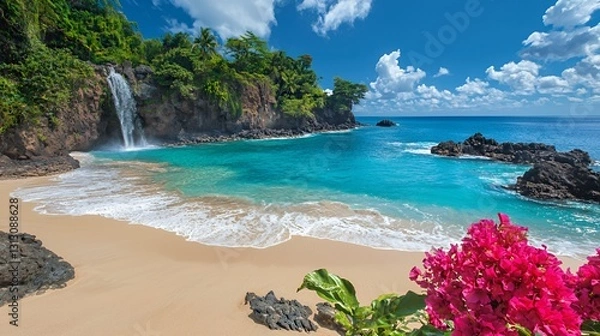 Fototapeta Secluded Tropical Beach with Waterfall and Pink Flowers