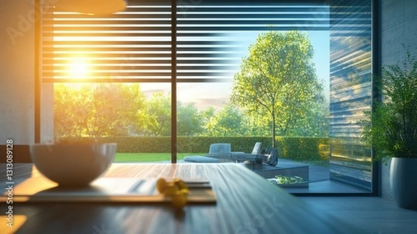 Fototapeta A high-tech smart home featuring a glass window with automated blinds adjusting to daylight.