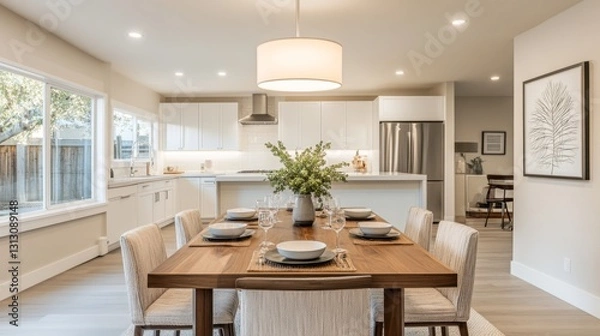 Fototapeta 24.A contemporary kitchen space featuring a wooden dining table and modern chairs, framed by pristine white counters, subtle decor elements, and a soft glowing lamp above.