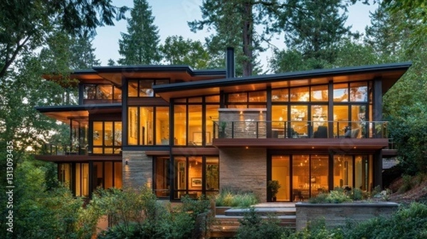 Fototapeta A modern house with energy-efficient tinted windows, designed for sustainability and aesthetics.