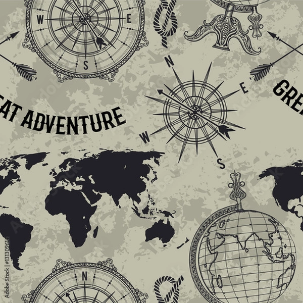 Fototapeta Seamless pattern with vintage globe, compass, world map and wind rose. Retro hand drawn vector illustration "Great adventure" in sketch style on grunge background