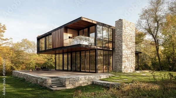 Fototapeta A serene modern villa in the countryside, featuring a combination of stone, wood, and glass elements.