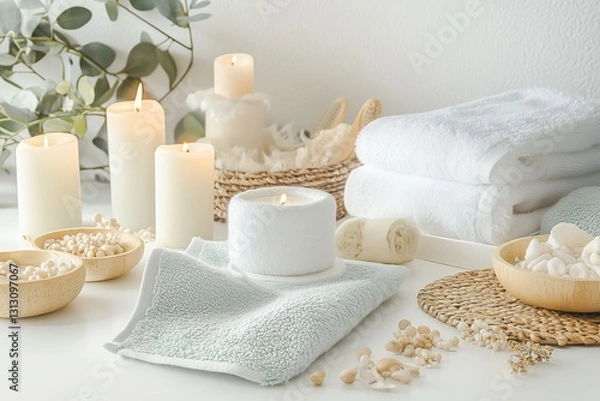 Obraz Conjunto de itens de spa com toalhas, velas e elementos decorativos em tons neutros, capturados com luz natural suave, criado com IA generativa.