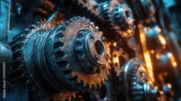 Fototapeta A close-up view of various car engine gears, showing intricate mechanical details. The image is ideal for promoting automotive repairs and highlighting the importance of engine maintenance.