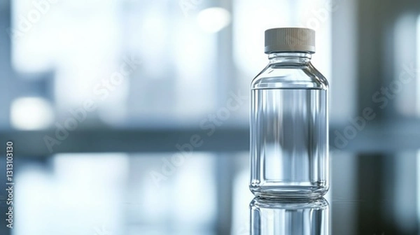 Fototapeta Clear glass bottle with a white cap, sits on a reflective surface against a blurred background.