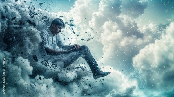Fototapeta A person sits calmly amidst a surreal explosion of clouds and debris in a dreamlike, imaginative landscape..