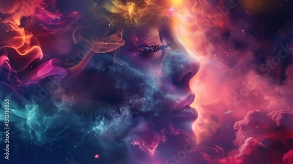 Fototapeta A mesmerizing portrait of a woman with vibrant, cosmic smoke and light effects surrounding her, creating a surreal and dreamlike atmosphere..