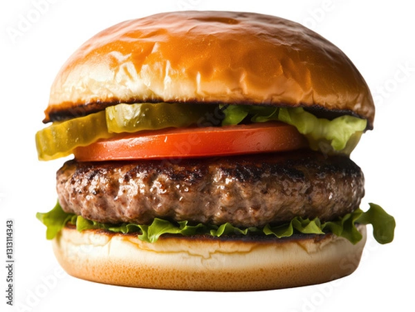 Fototapeta Indulge in the irresistible delight of a freshly grilled hamburger, complete with a juicy patty, crisp lettuce, ripe tomatoes, zesty pickles, and a soft bun—perfect for satisfying your cravings!