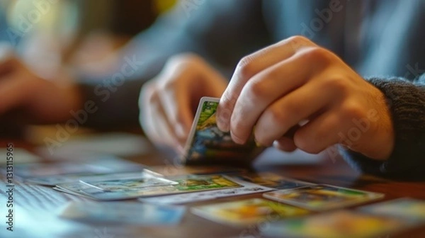 Fototapeta Close-up of hands sorting through colorful illustrated cards.