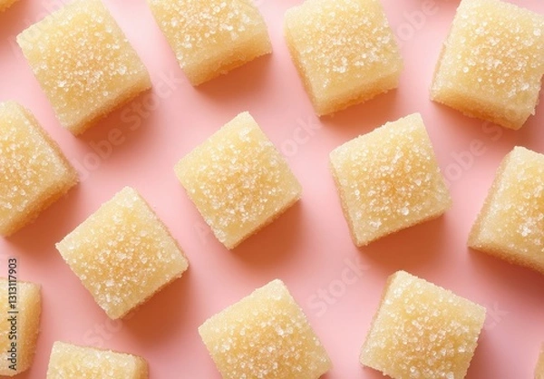 Fototapeta Yellow sugar cubes arranged on a pink backdrop, showcasing a vibrant and colorful dessert aesthetic with a delightful sweet treat presentation