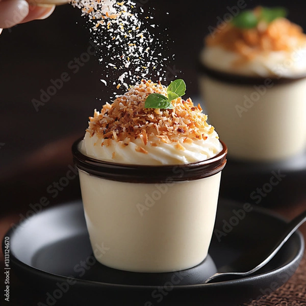 Obraz  sprinkling toasted coconut on coconut milk pudding