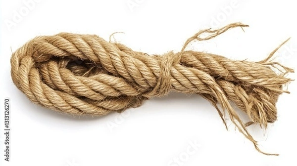 Fototapeta A tangled heap of thick, beige rope against a white background.