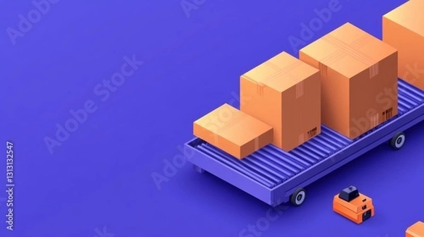 Fototapeta Digital Delivery: Isometric illustration of a freight cart laden with stacked cardboard boxes on a blue background, illustrating e-commerce and logistics, copy space for text