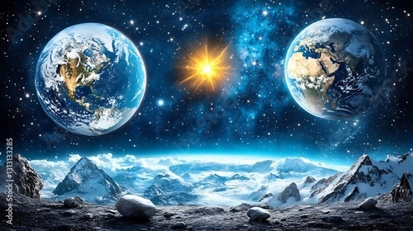 Fototapeta Two Earths Orbiting A Bright Star With Snowy Mountains Below