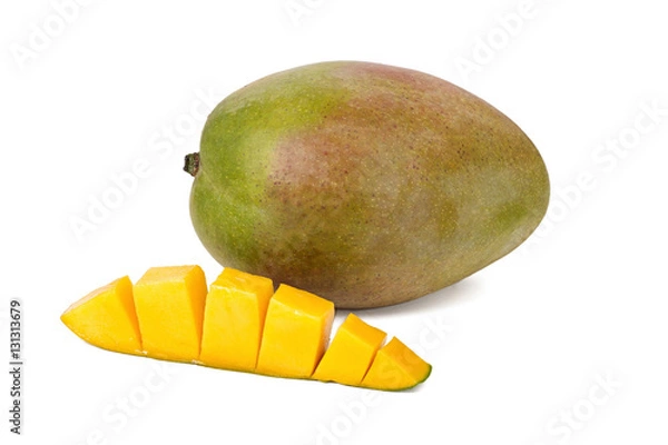 Obraz Fresh juicy mango and slice diced isolated