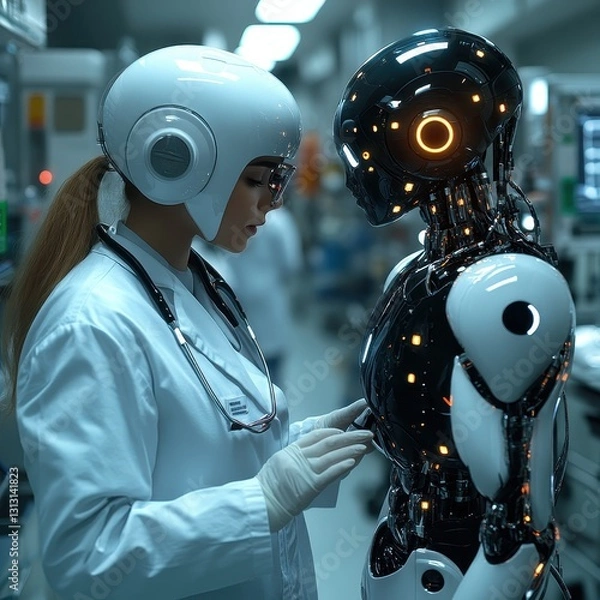 Obraz Innovative robotics interaction tech lab digital art futuristic environment close-up view human-robot collaboration