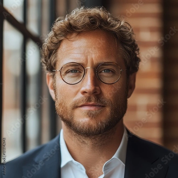 Fototapeta Professional man in glasses posing by window urban setting portrait photography natural light thoughtful expression