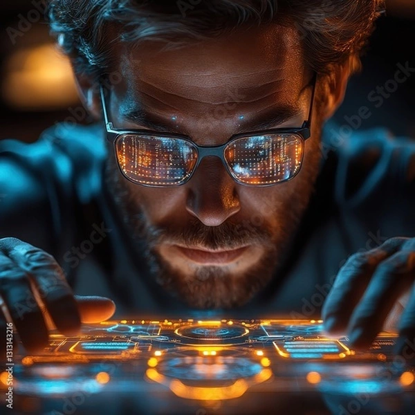 Fototapeta Tech innovator analyzing data modern office digital art futuristic atmosphere close-up view cybersecurity insight
