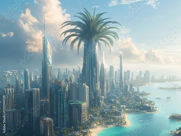 Fototapeta Futuristic city blending high-rise buildings and green spaces, featuring a skyscraper topped with a palm tree, creating a unique skyline.