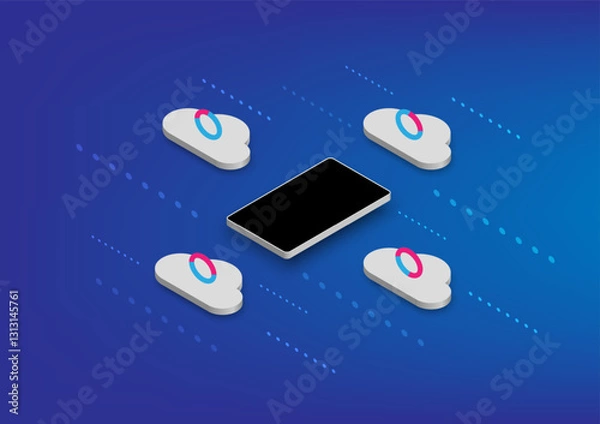 Fototapeta Abstract background with 3d cloud and mobilephone