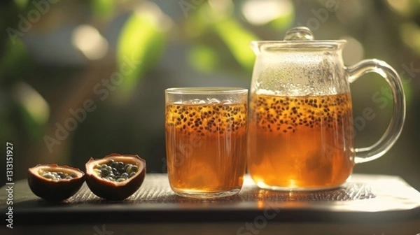 Fototapeta Fresh Passion Fruit Tea in Glass Pitcher with Slices on Wooden Tray