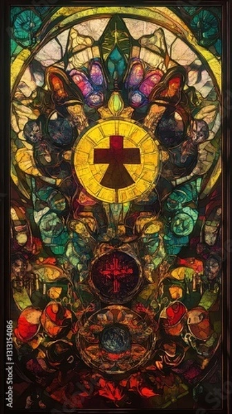 Fototapeta An intricate stained glass window with religious cross symbols