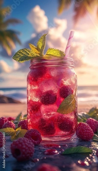 Fototapeta raspberry mojito in an artisan glass mason jar