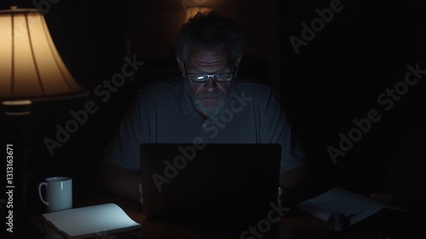 Fototapeta Elderly Man Working Late on Laptop at Home