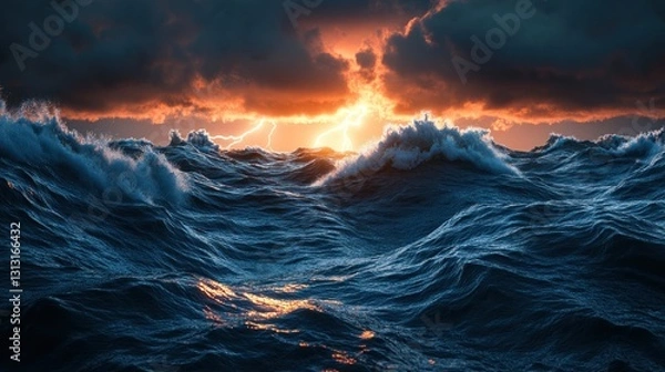 Fototapeta Dramatic stormy sunset over a turbulent sea. Possible use Stock photo for nature, travel, and disaster imagery