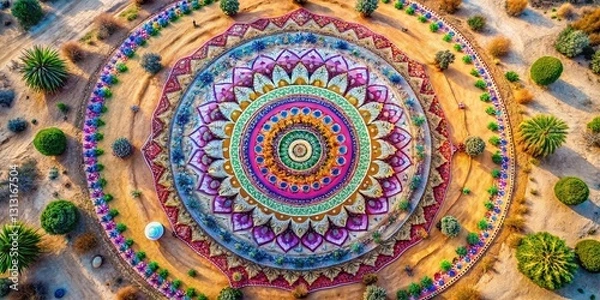 Fototapeta Aerial Boho Mandala Art: Intricate Design, Colorful Patterns, Spiritual Geometry