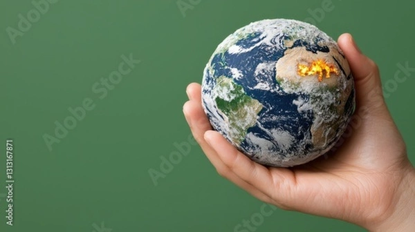 Fototapeta Hand Cradling Small Globe with Highlighted Region and Solid Green Background