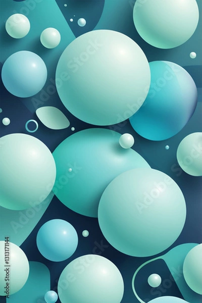 Fototapeta A futuristic, modern 3D illustration features glossy blue and green spheres and cylinders on a vibrant, abstract gradient background, blending digital minimalism with geometric elegance.
