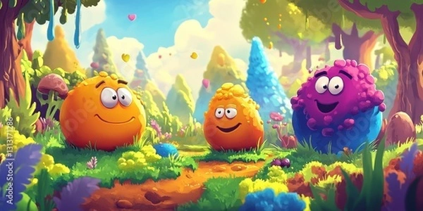 Fototapeta Cheerful cartoon characters are in a colorful whimsical forest landscape
