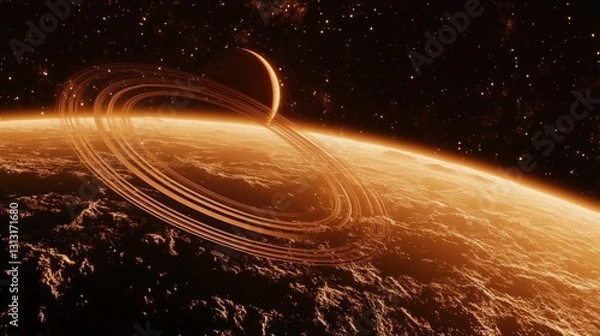 Fototapeta Celestial Rings: A surreal planetary scene unveils a mesmerizing planet embraced by luminous rings against a backdrop of the vast, star-speckled cosmos. 