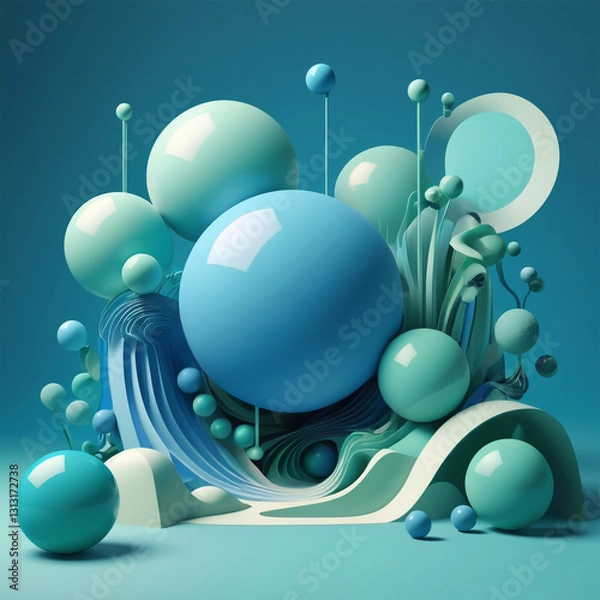 Fototapeta A futuristic, modern 3D illustration features glossy blue and green spheres and cylinders on a vibrant, abstract gradient background, blending digital minimalism with geometric elegance.