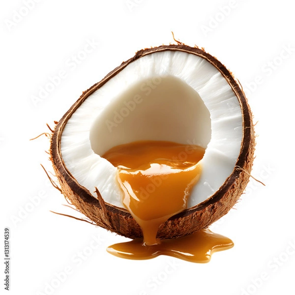 Fototapeta Coconut Cream Caramel with Spoon Isolated on Transparent Background