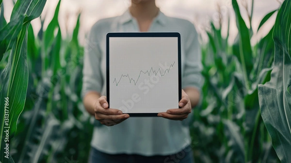 Fototapeta A person holding tablet displaying growth chart in cornfield