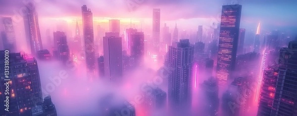 Fototapeta circulation fog mist City skyline with vibrant sunset and fog