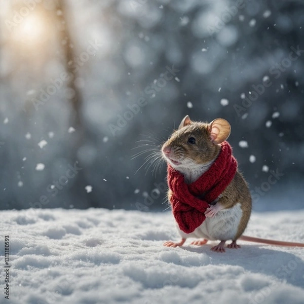 Obraz A tiny mouse wearing a knitted scarf, walking through a snowy wonderland.